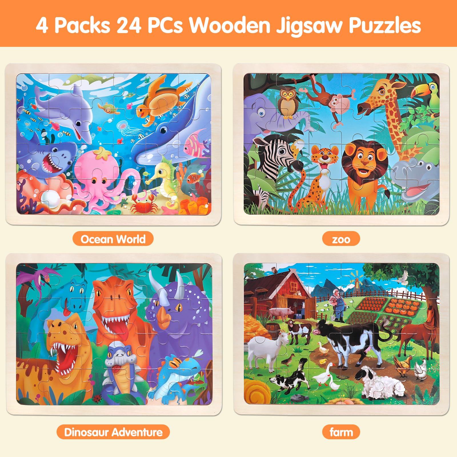 Holzpuzzle ab 3 Jahren, 4x24 Teile Tiere & Dinosaurier 3