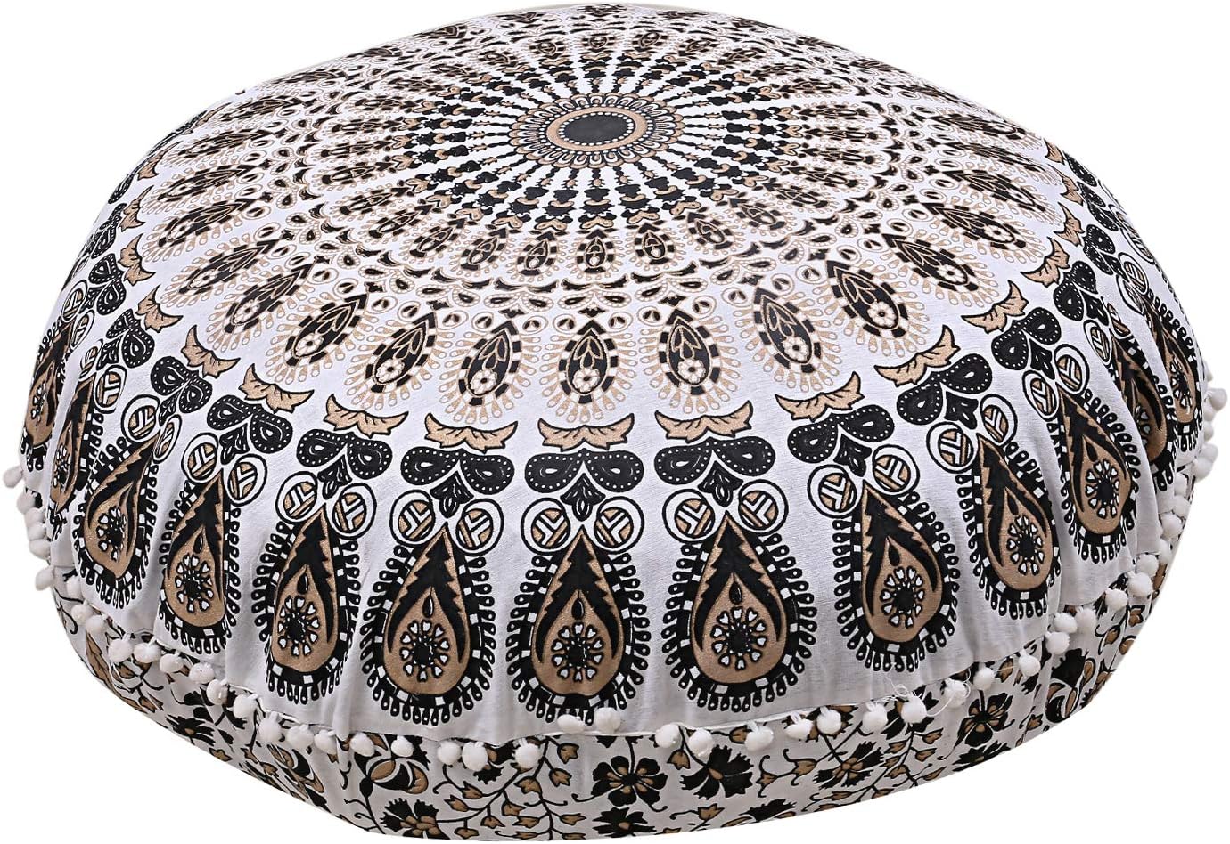Mandala Floor Pillow Cushion Seating Throw Cover Hippie Decorative Bohemian Ottoman Poufs, Pom Pom Pillow Cases,Boho Indian (32 Inches, Gold Black)