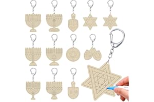 RattanView 24 Pcs Hanukkah Craft Color Your Own Keychains DIY Craft Wooden Blank Keychains for Sunday School Classroom Home Active Party Favors Gifts, 12 Styles