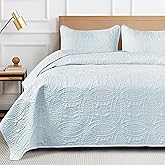 Siyaluens Quilts Set for Twin Size Bed, Soft Quilt Lightweight Microfiber Bedspread, Circle Geometric Pattern Ultrasonic Quilting Bedding Bedspreads with 2 Pillow Shams for All Season (Light Blue)