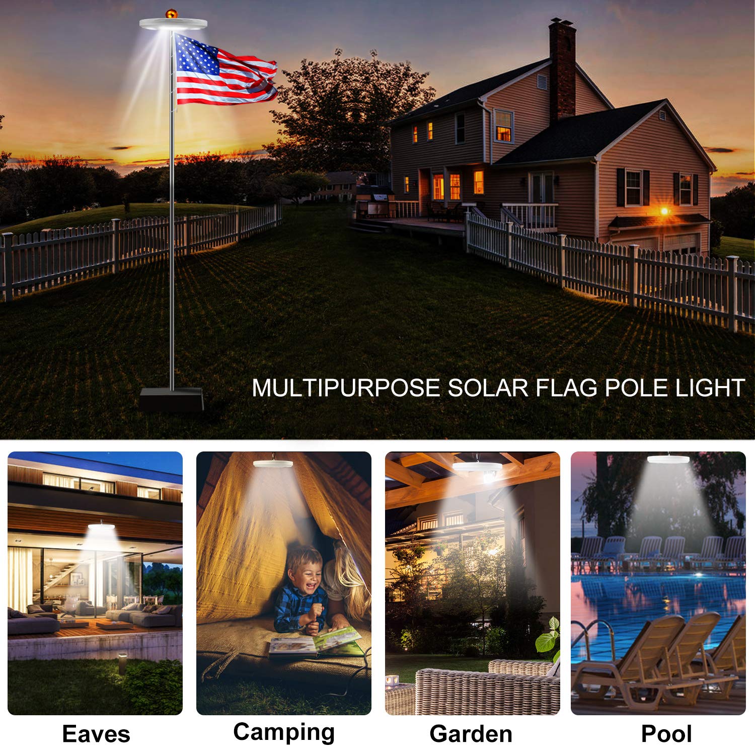 Solar Flag Pole Light 128 LED Light, Super Bright Led Solar Powered Lights on Most 15 to 25Ft Flagpole 100% Flag Coverage, 2 Modes 2500MAH Downlight up flag, IP67 Waterproof Auto On/Off Night Lighting