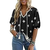 Chvity Womens Summer Boho Tops Flowy Floral Print Shirt Tie Front Vacation Clothes Casual V Neck Short Sleeve Blouses