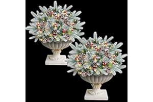 NOVERLIFE 2 Set 26 Inch Pre-lit Christmas Urn Filler with 50 Lights, Battery Operated, Artificial Christmas Pot Fillers Holiday Xmas Planter Filler Small Frosted Tree for Front Porch Yard Outdoor Decorations