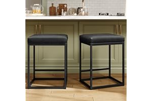 MAISON ARTS Bar Stools Set of 2 | Counter Height Bar Stools for Kitchen Island | Modern Black Barstools with Metal Frame&Faux Leather Upholstery | Farmhouse Backless Bar Stool | 24" Bar Height Stools