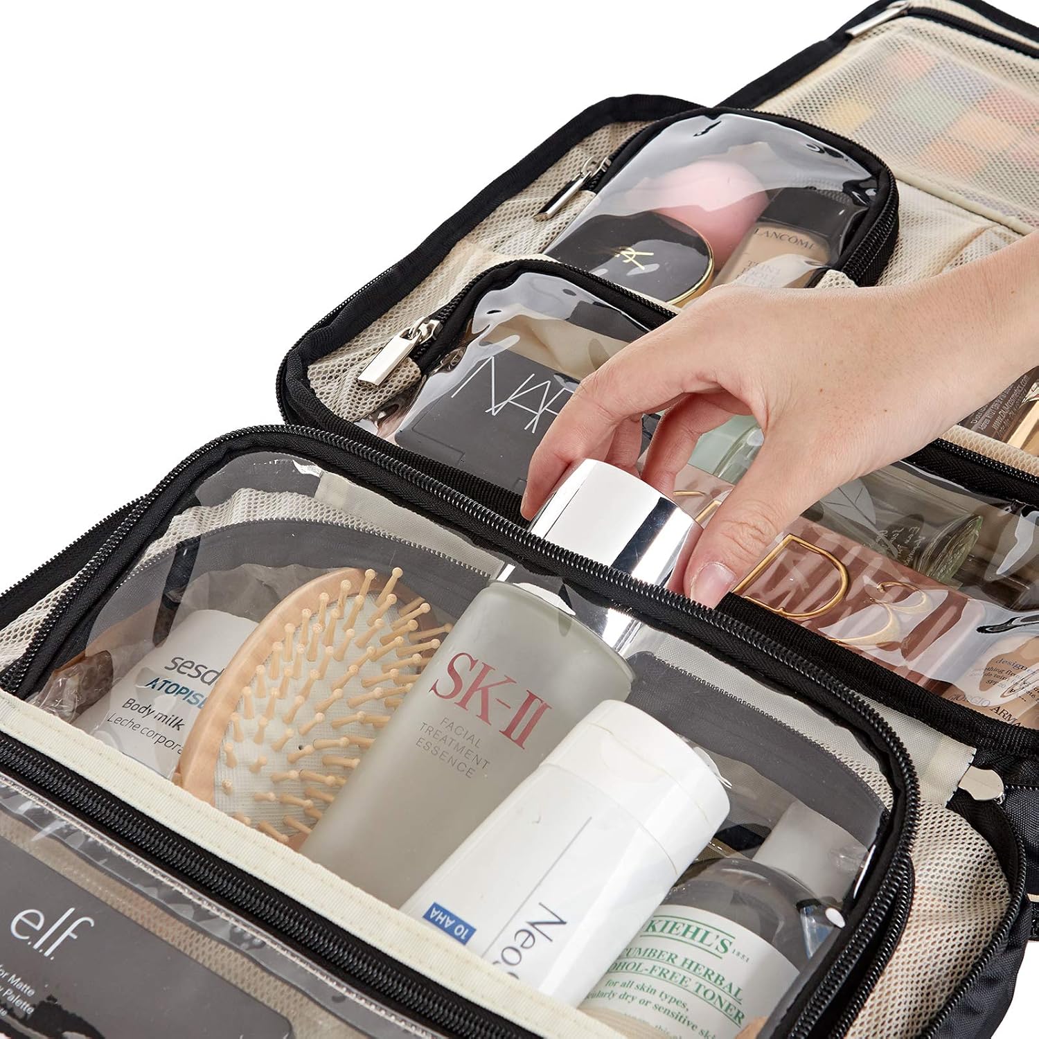 FINDCOZY Extra Large Toiletry Bag with Hanging Hook, Travel Makeup Case for Women, Cosmetic Organizer for Toiletries, Full-Sized Bottles, Beauty, Black