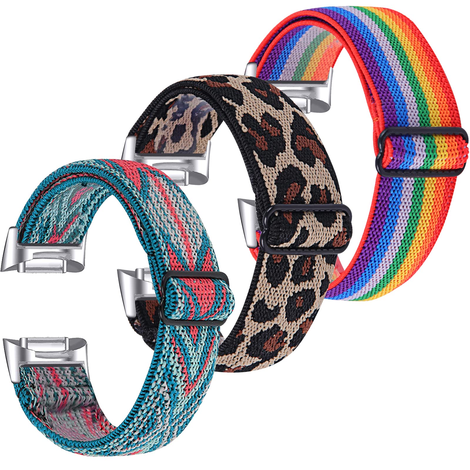 Gimuk Compatible with Fitbit Charge 5 Strap for Women Men, Soft Nylon Woven Stretchy Adjustable Elastic Replacement Sport Strap Wristband for Fitbit Charge 5 Small Large, Rainbow+Leopard+Green Red