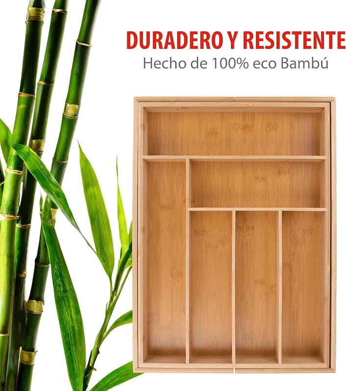 Organizador de gavetas - Talheres de gaveta de cozinha extensíveis 46x34-56,5x6 cm - Caixa organizadora de utensílios até 8 compartimentos - Para utensílios de cozinha, óculos de sol e mais - Bambu