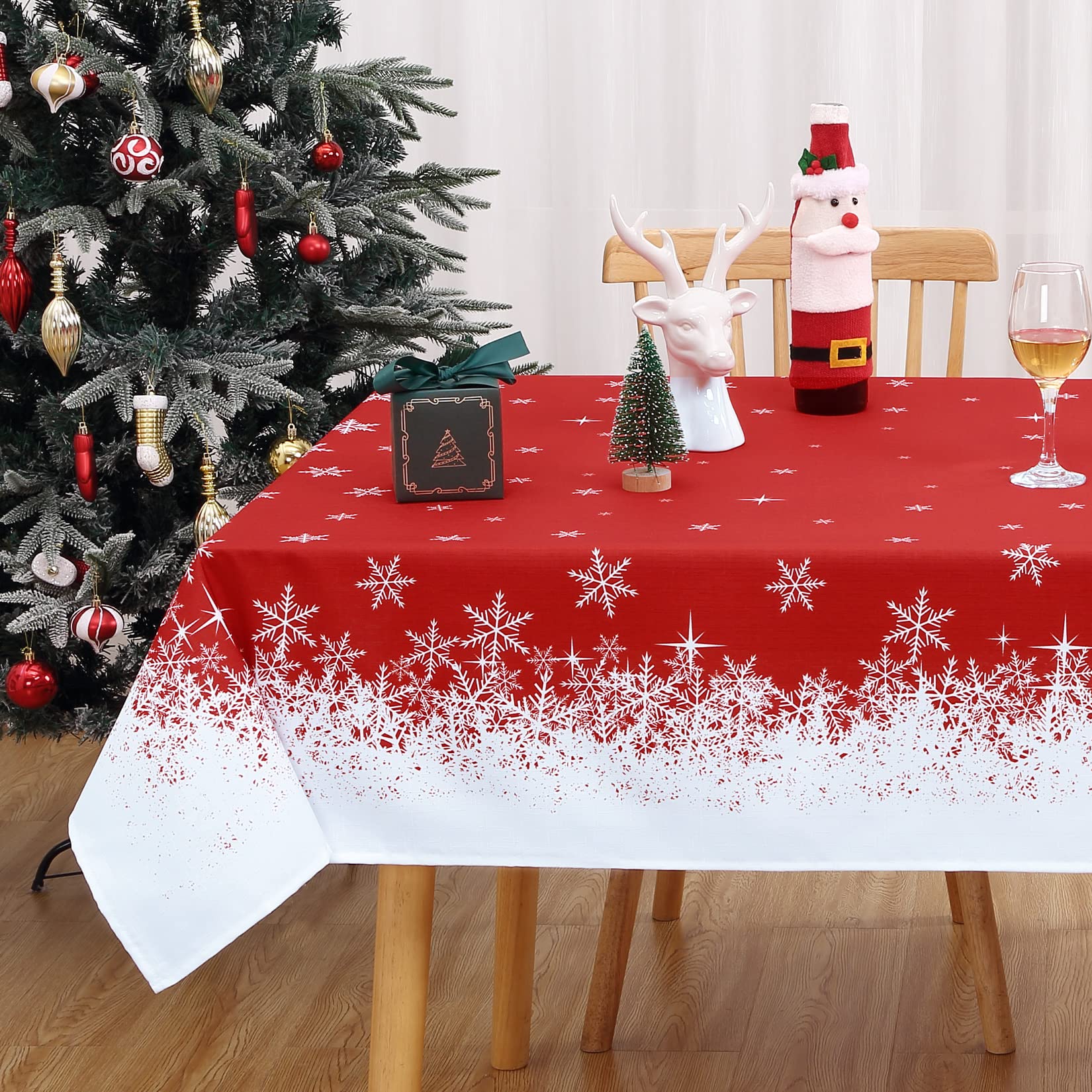 Hapterouse Christmas Tablecloth Wipeable Table Cloth for Kitchen Decoration Tablecover with Snowflake Waterproof Tablecloth for Dining Room Xmas Tablecloth, Rectangular,54x70 Inches Red