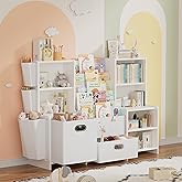 Ollieroo Kids Bookshelf and Storage Organizer, Baby Toddler 3 Tier Sling Bookcase Book Shelf, 6-Section Large Cabinet with 2 Drawer 3 Pockets