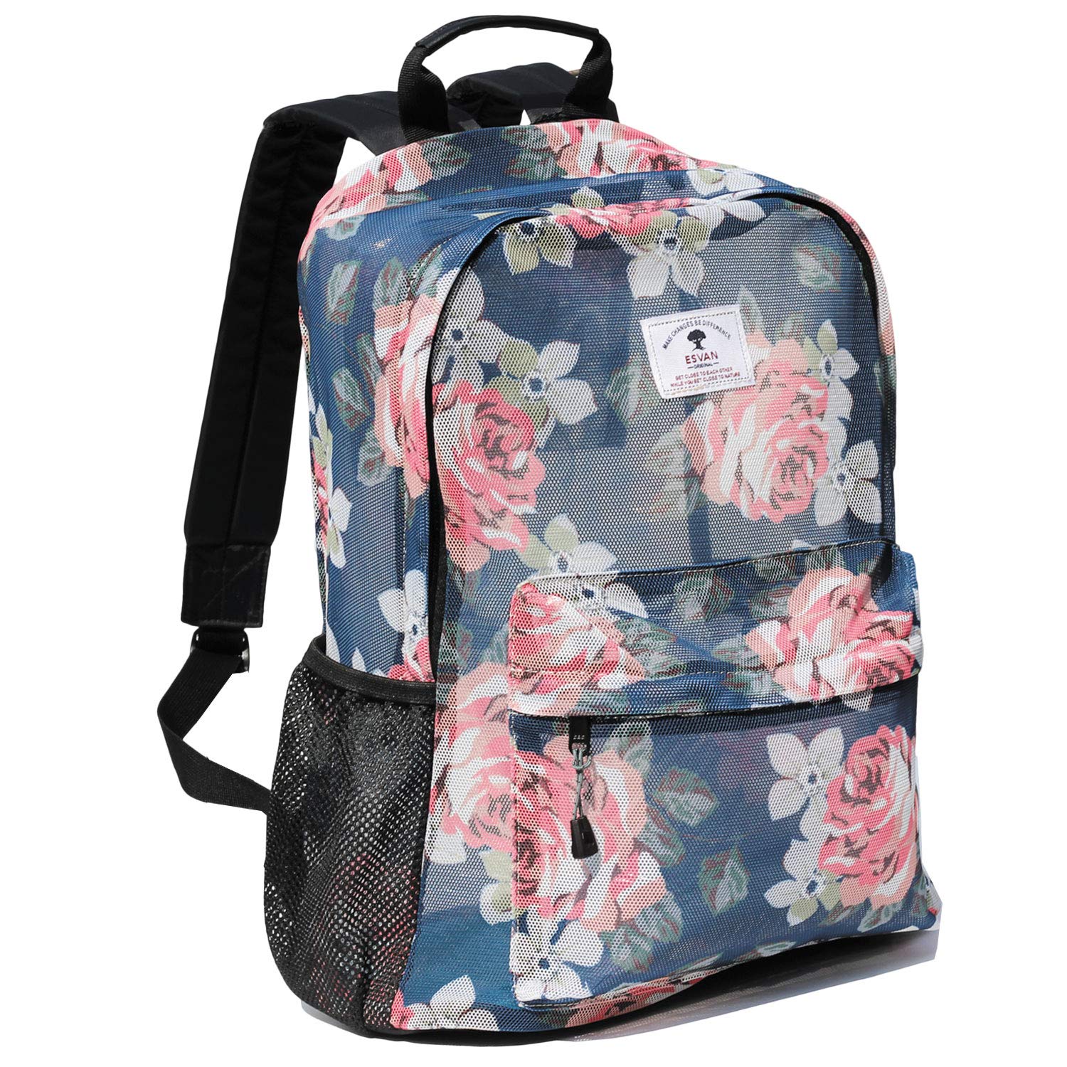 ESVAN Original Print Mesh Backpack Semi-Transparent Sackpack See Through Beach Bag Daypack Multi-Purpose Women Men (Navy&Pink Flower-UK)