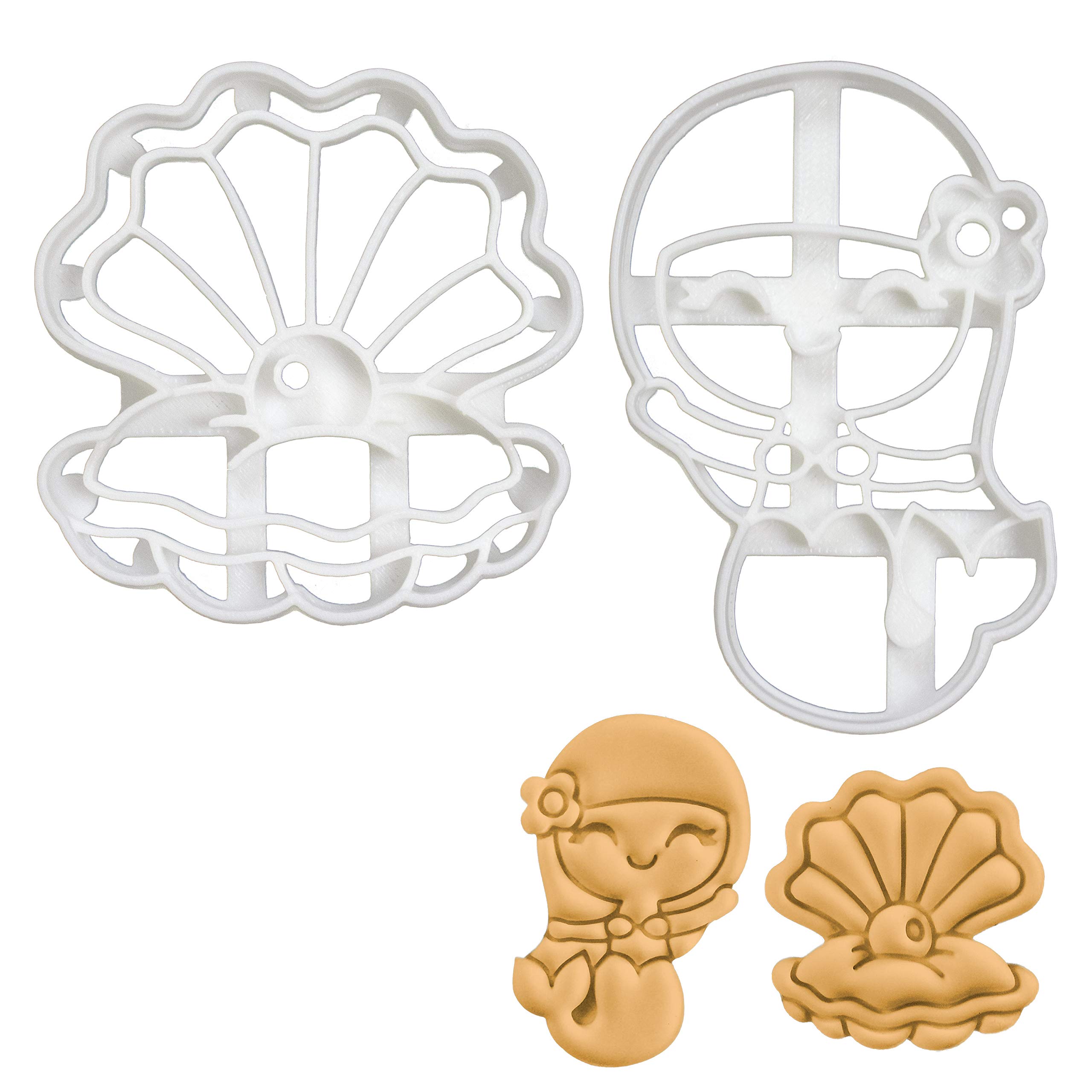 BAKERLOGY Set of 2 Mermaid Themed Cookie Cutters (Designs: Mermaid and Pearl Oyster) - Detailed Biscuit Cutter Design for Baking and Crafts, Ideal on Fondant, Dough, Clay