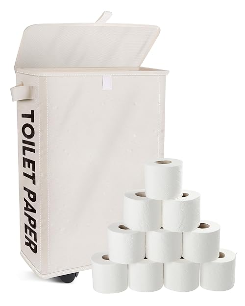 35L Extra Large Toilet Paper Storage with Lid - Holds 20 Regular or 15 Mega Rolls, Portable Beige Toilet Tissue Holder Basket with Pulley Handle & Wheels, Space-Saving Design for Easy Moving