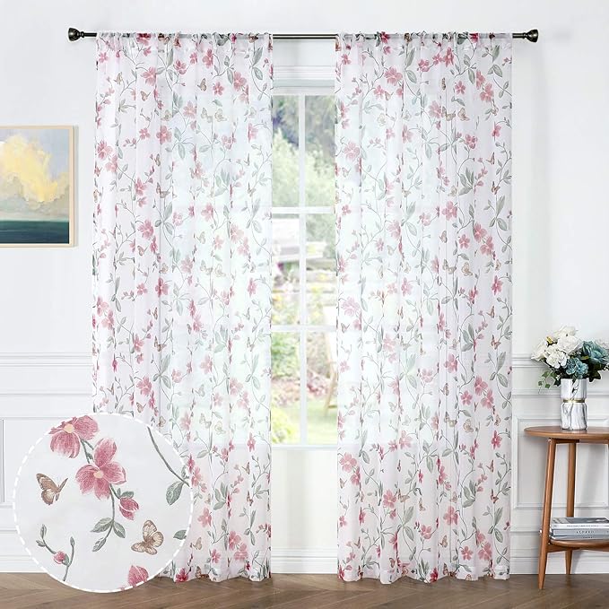 Tollpiz Sheer Floral Curtains Pink Flower Butterfly Printed