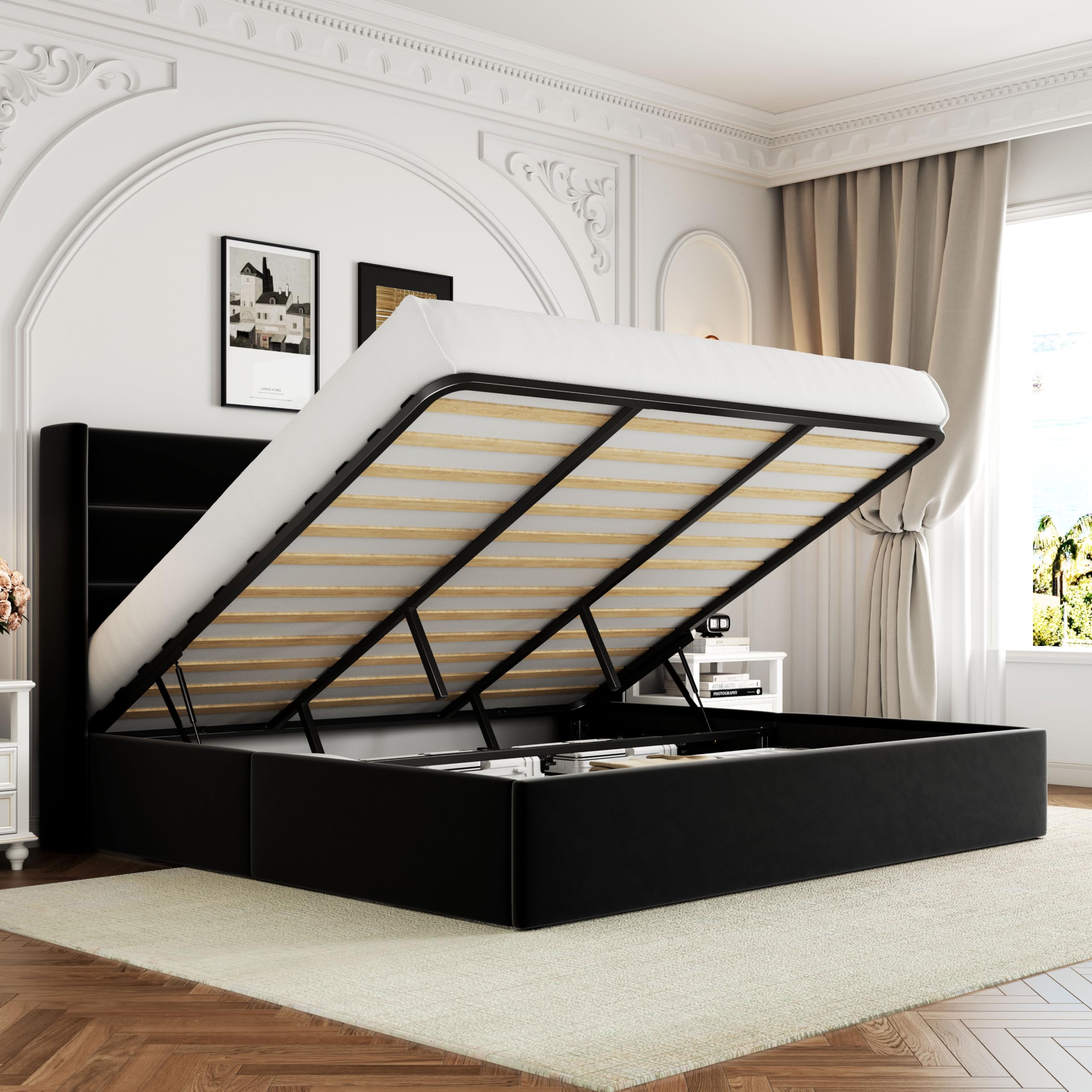 Allewie King Size Velvet Lift Up Storage Bed, Modern Wingback Headboard, Hydraulic Support, No Box Spring Needed, Black Image
