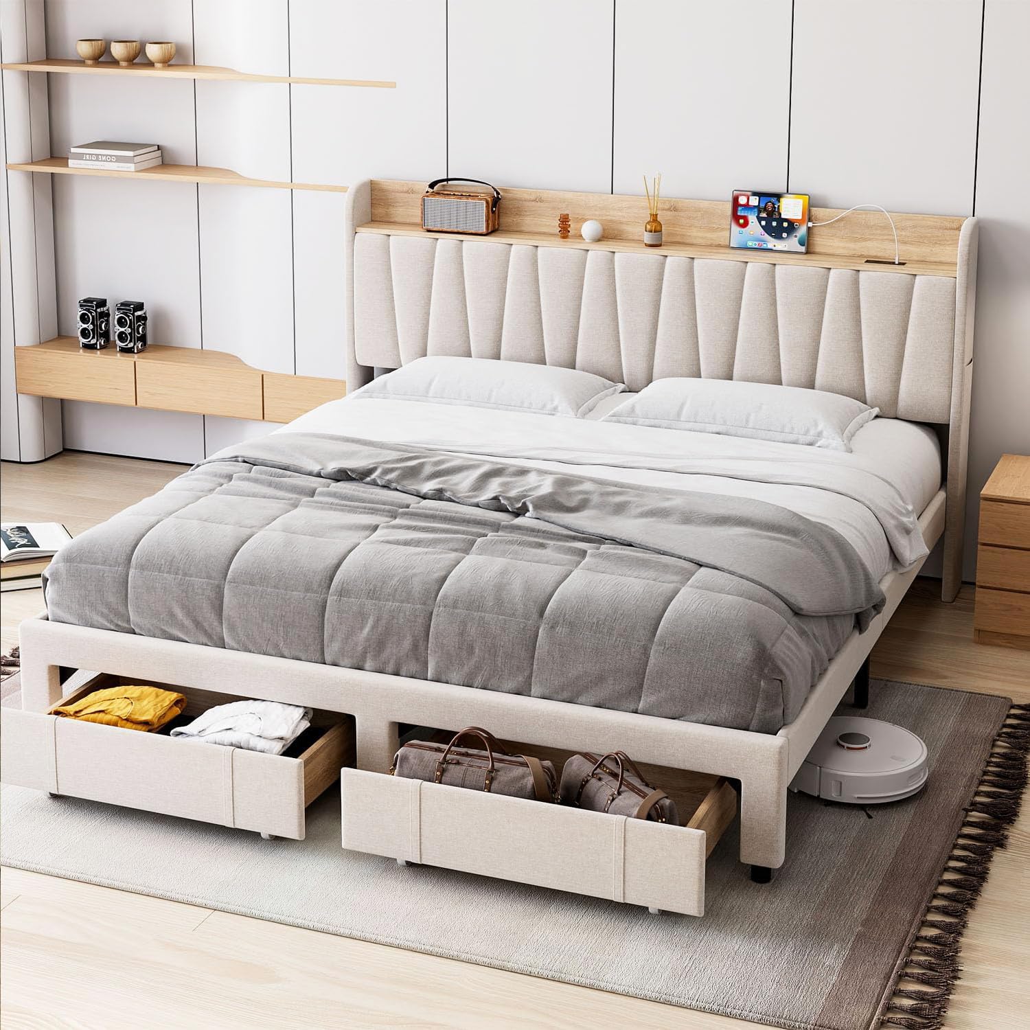 Photo 1 of ***TRUCK/TRAILER PICKUP ONLY***GarveeHome King Size Bed Frame with Storage Headboard, Upholstered Platform Beds with Drawers, Charging Station, Noise-Free, No Box Spring Needed, Easy Assembly, Beige