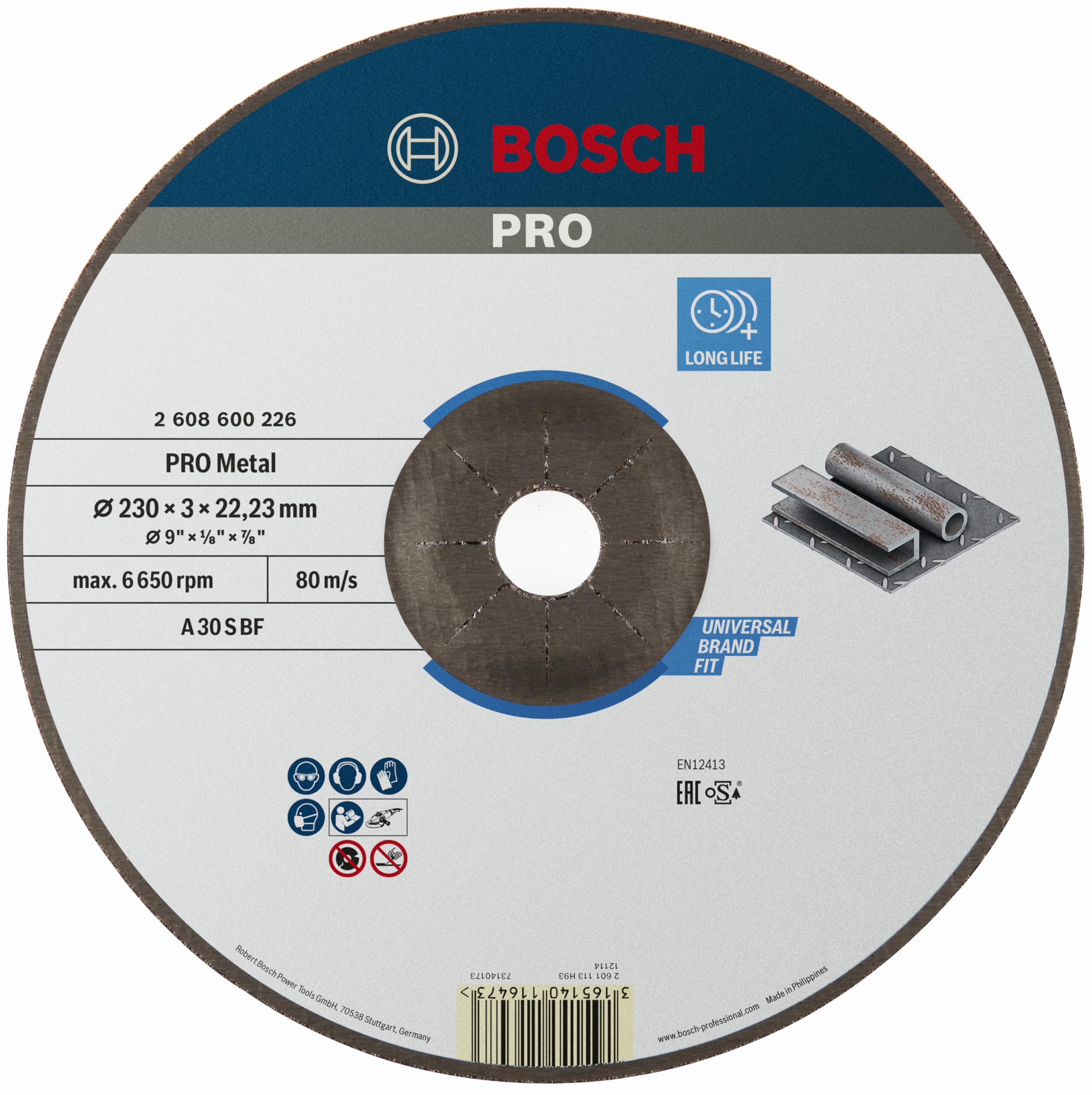 Bosch 1x PRO Metal Longlife Cutting Disc for Large Angle Grinder and Bore 22.23 mm (for Steel, Ø 230 mm, Professional Accessory Large Angle Grinder)