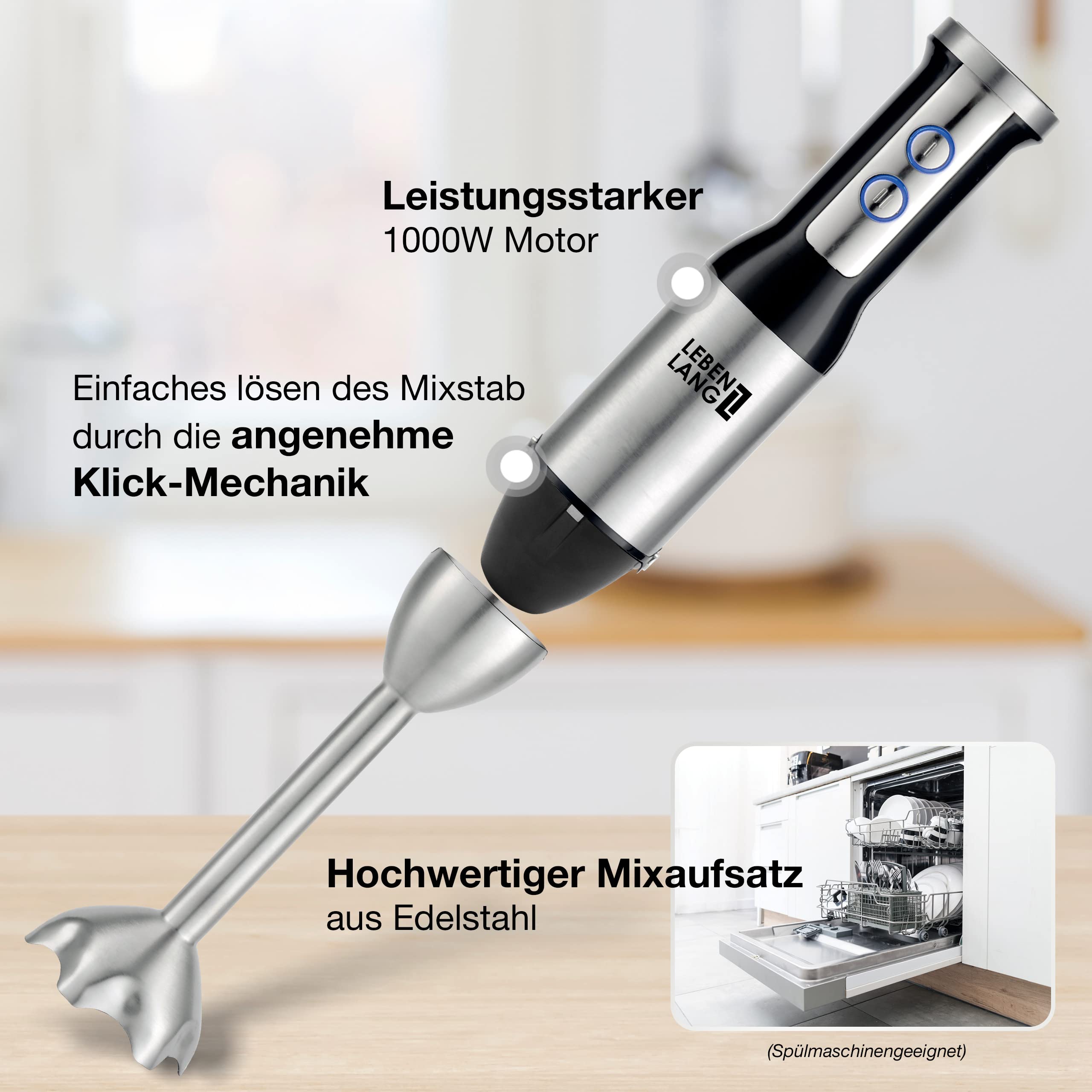 LEBENLANG 1000W Stabmixer Edelstahl - Mit Spritzschutz & 8 Stufen & Turbo 2