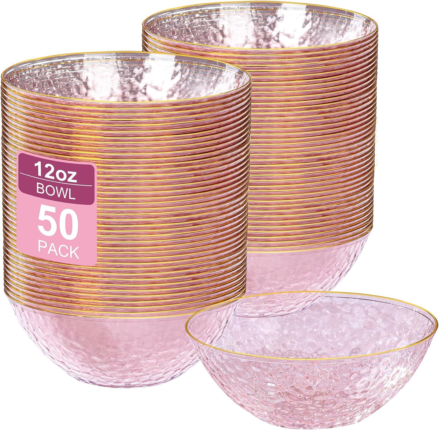Photo 1 of I00000 50 Pack 12 Ounce Pink Plastic Bowls Serving Bowls Hammered Clear Bowl with Gold Rimmed, Heavy Duty Disposable Bowl Set,Small Bowls for Wedding Party