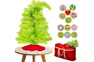 Seenelling Bendable Christmas Tree Whimsical Christmas Pre-Lit Lime Green Stole Bent Top Artificial Xmas Tree Decorations with LED Lights Ornament Bag(1.5ft)