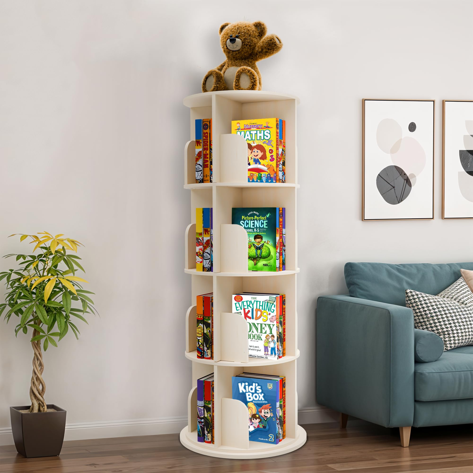 Photo 1 of Rotating Kids Bookshelf – 4-Tier 360° Spinning Bookcase Tower, Solid Pine Wood, 16 Cubbies, Toddler Bookshelf Organizer & Lazy-Susan Storage for Nursery, Classroom or Playroom (Natural Finish)