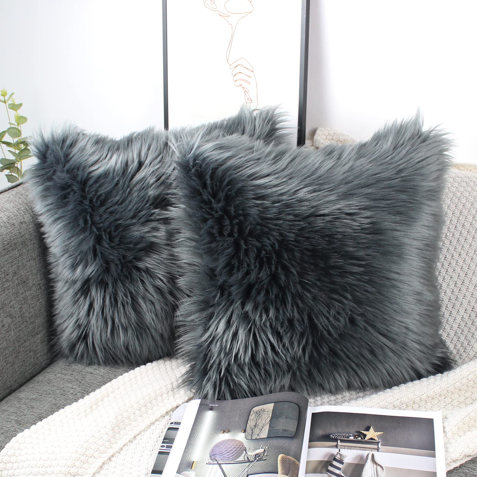 OYIMUA Dark Grey 24x24 Inches Fluffy Soft Faux Fur Cushion Covers Pack of 2, Luxurious Home Decorative Super Soft Plush Pillow covers Case 60cm x 60 cm for Sofa Bed Car