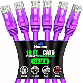 Maximm Cat6 Ethernet Cable 10 Ft, 10 Gbps 550 MHz, Purple, 6 Pack | Copper-Clad Aluminum deliver 10 Gbps up to 550 MHz