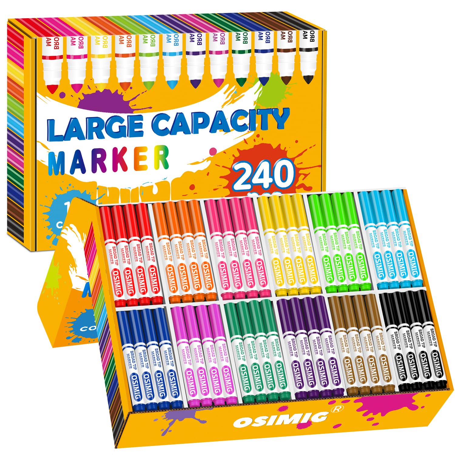 Photo 1 of OSIMIG Washable Markers Bulk, 240 Count, 12 Assorted Colors, Markers for Classroom, Broad Line Conical Tip, Large Capacity, School Art Supplies for Kids