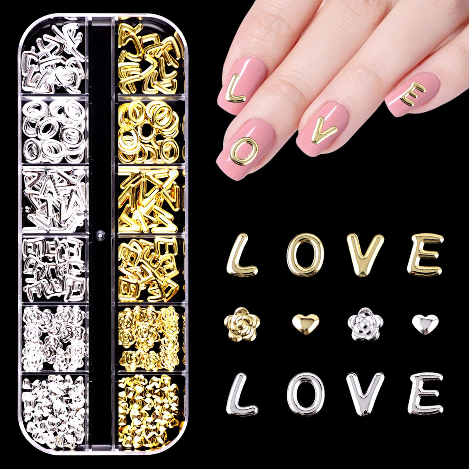 Gold Silver 3D Nail Charms,1Boxes 12Grids Heart Flower Nail Gems,Metal Alloy Rivet Stickers Love Letters Nail Art Decorations Accessories for Nail Art Design DIY Crafts (Gold Silve G)