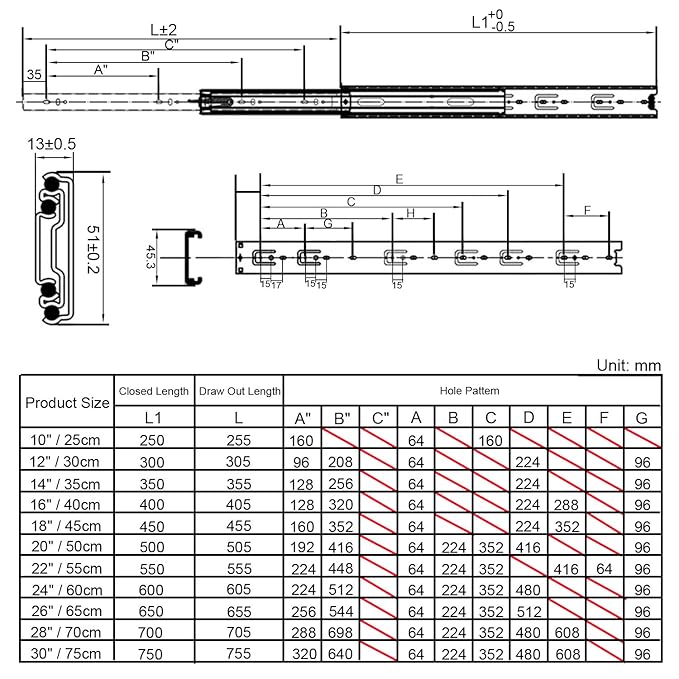 Sdpawa Drawer Slides 1 Pair 2 Width 3 Section Ball Bearing Full