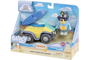 Bluey Bandit Surf Beach Toy Set, Exclusive 3" Poseable Bandit Figure Beach Toy Kit with Sunglasses, Quad Bike & Surfboard Accessories
