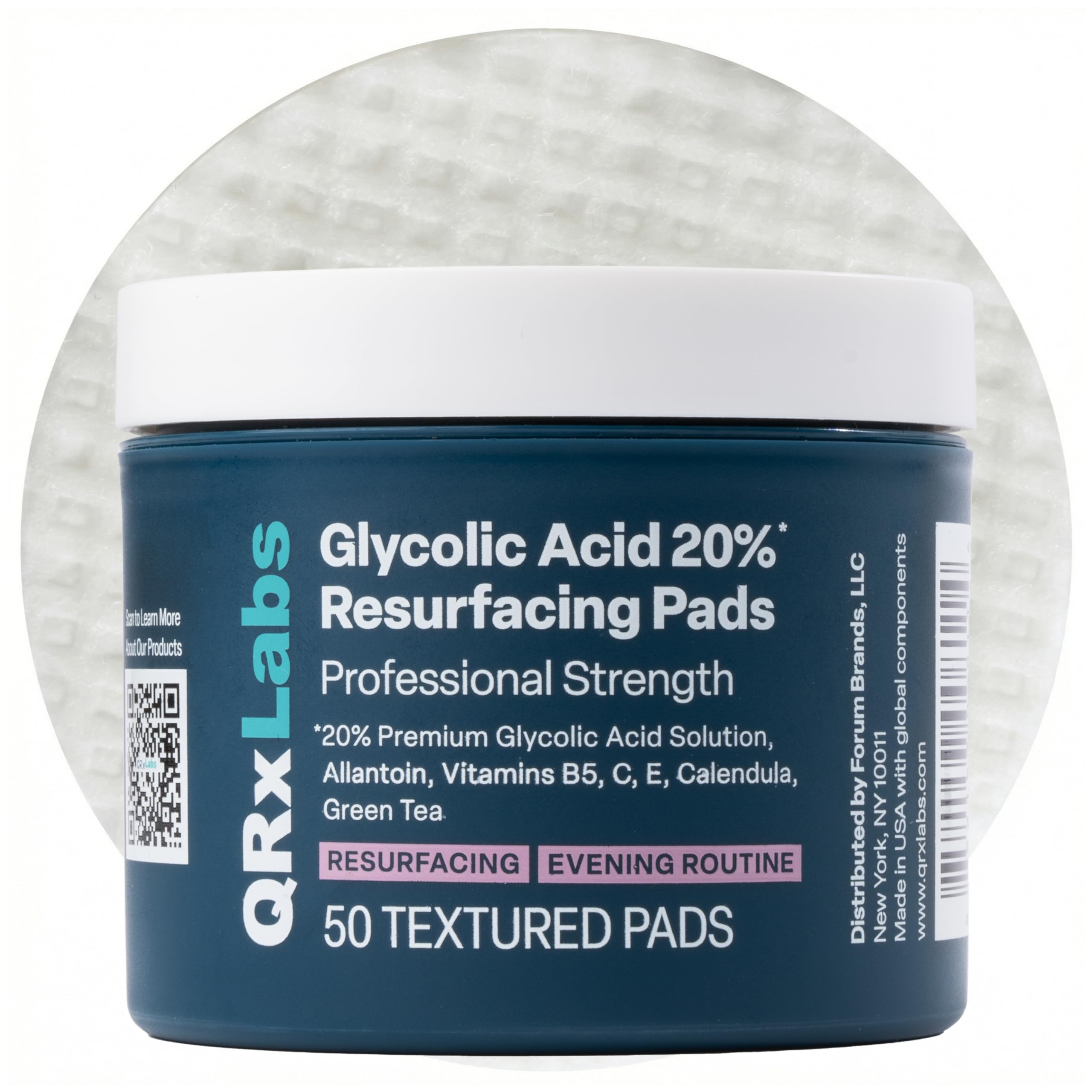 QRxLabs Glycolic Acid 20% Resurfacing Pads With Vitamins B5, C & E, Green Tea, Calendula, Allantoin - Exfoliates Surface Skin And Reduces Fine Lines And Wrinkles
