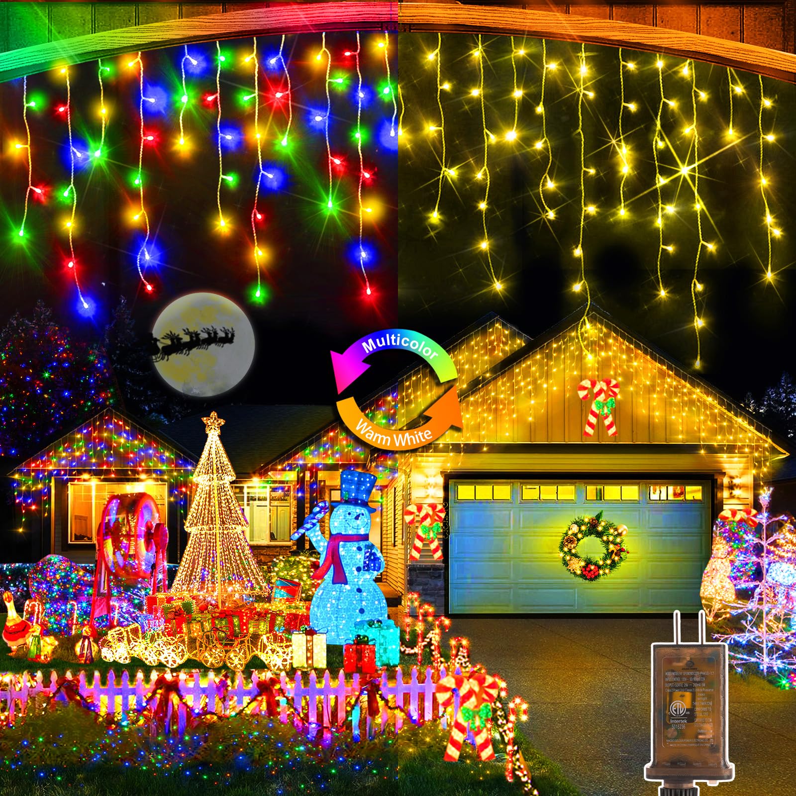 Photo 1 of * has a burnt wire, may or may not work *
Color Changing Christmas Lights, 11 Modes 49FT 480 LED Ice Lights for Outside with 90 Drops, Timer Memory Waterproof Warm White to Multicolor Ice String Lights for Christmas Eaves Party Decorations