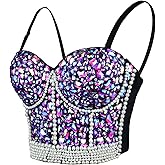 ELLACCI Women's Sexy Rhinestone Bead Bustier Crop Top Club Party Glitter Corset Top Bra Purple