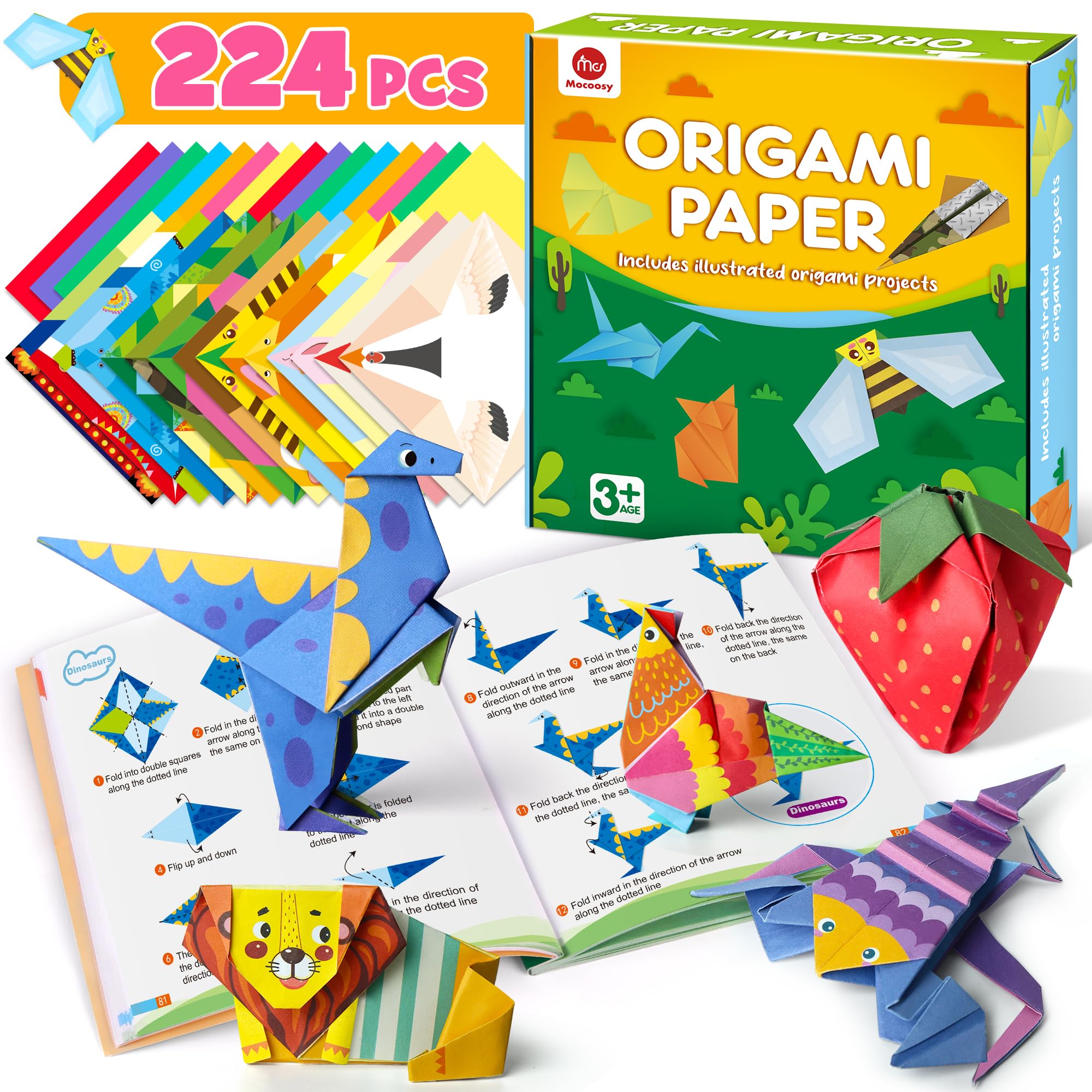 Mocoosy 224 Sheets Origami Kit for Kids 6-12, 72 Patterns Double-Sided Origami Paper with Video & Origami Book, Art Craft Kit for Kids Travel Game Activities Toys for 5 6 7 8 Year Old Girls Boys Gifts
