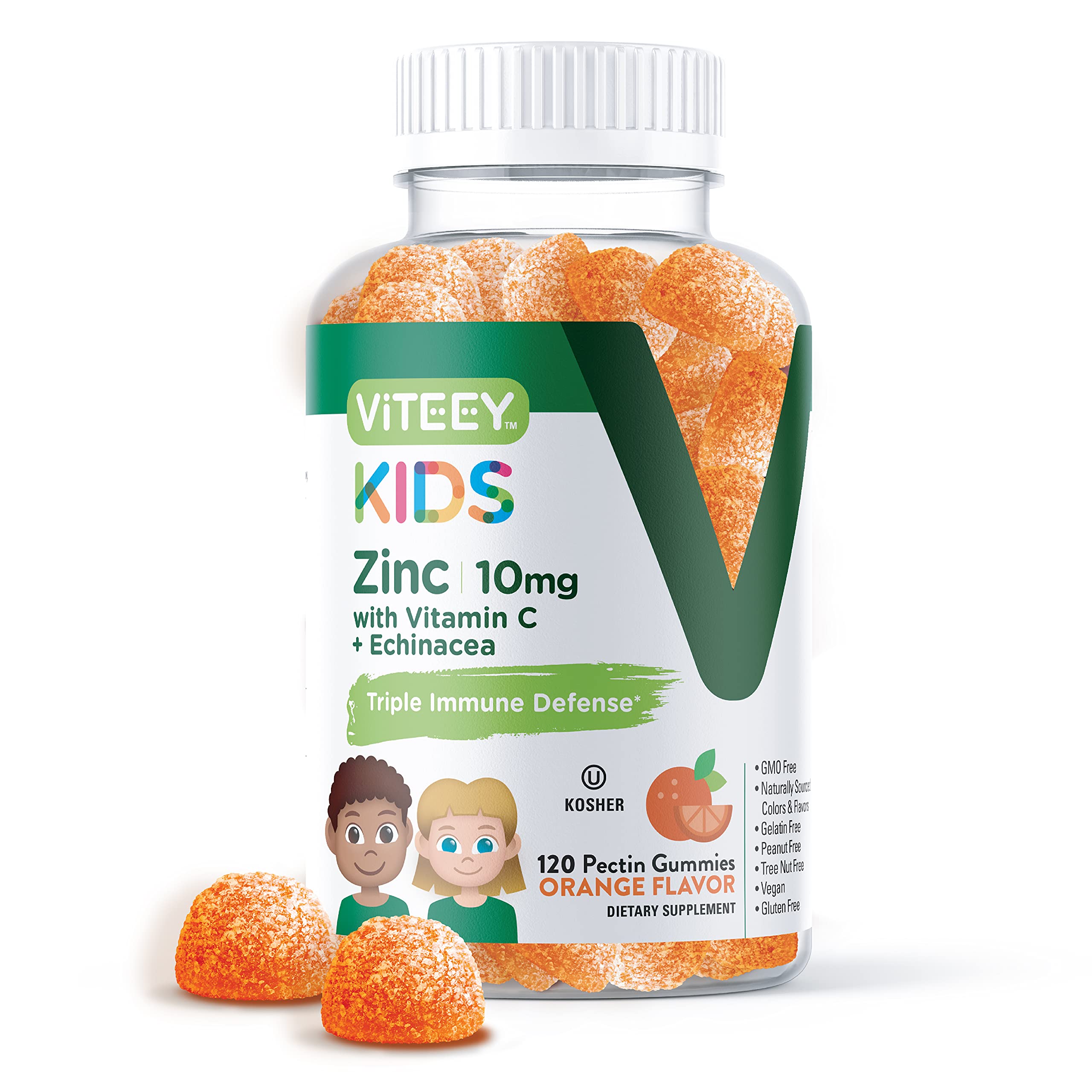 Viteey Zinc for Kids Gummies 10mg, with Vitamin C & Echinacea - Immune Support, Powerful Natural Antioxidant, Kids Zinc Vitamin Supplement - Vegan, Gelatin Free - Tasty Chewable Orange Flavor Gummy