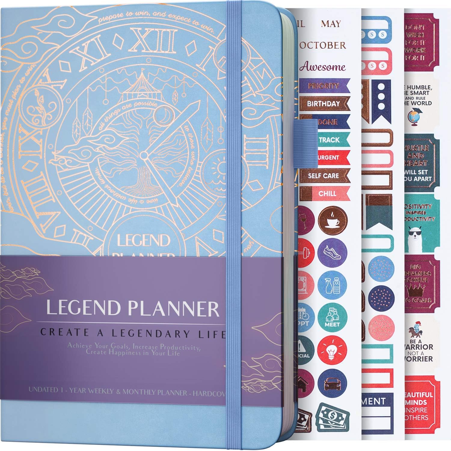Legend Planner – Deluxe Weekly & Monthly Life Planner to Hit Your Goals & Live Happier. Organizer Notebook & Productivity Journal. A5 Hardcover, Undated – Start Any Time + Stickers – Periwinkle Gold