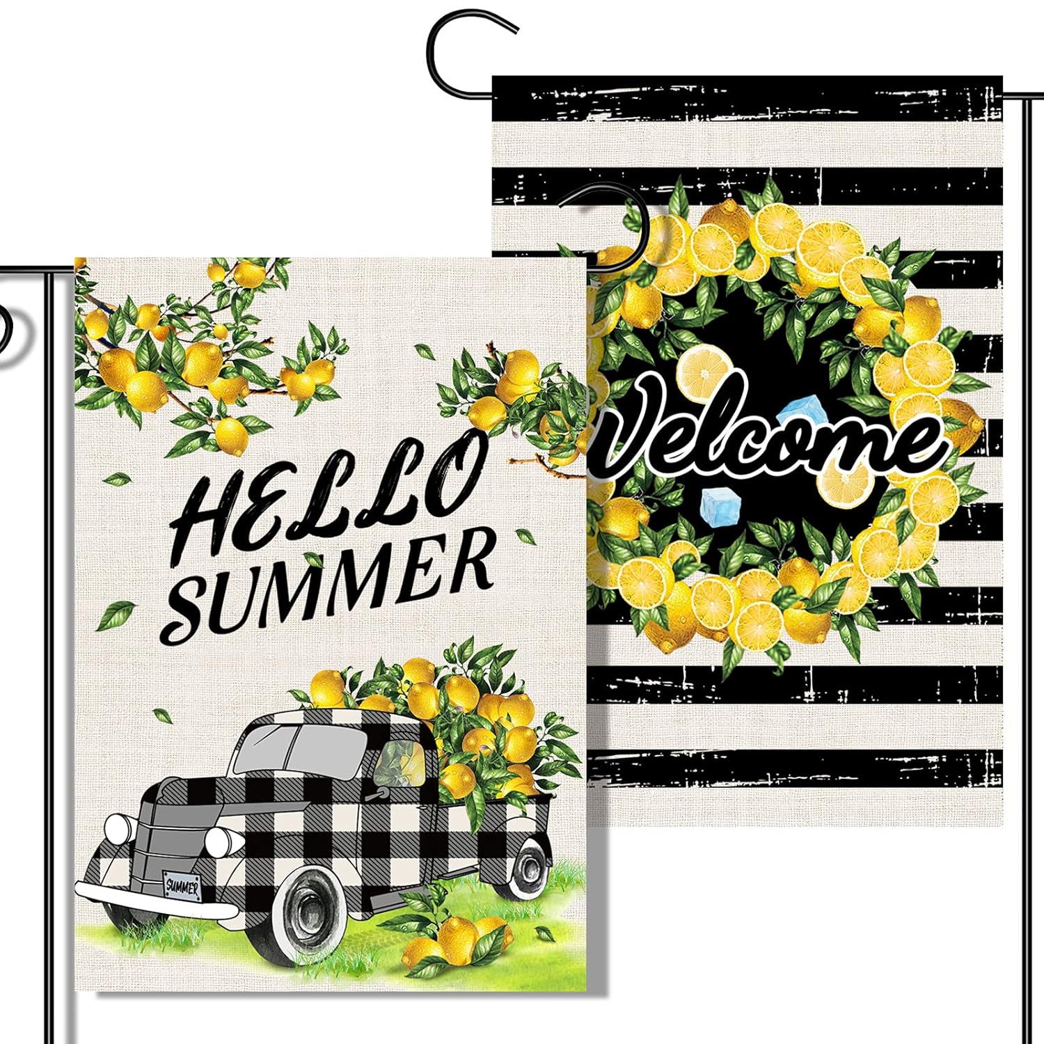 2 Pcs Double-Sided Art Summer Garden Flags, Buffalo Plaid Lemon Farm Truck Flag , Black Stripe Welcome Garden Flag Lemon Wreath, Origianl Design For Summer Yard Outdoor Decoration…