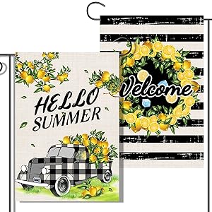 2 Pcs Double-Sided Art Summer Garden Flags, Buffalo Plaid Lemon Farm Truck Flag , Black Stripe Welcome Garden Flag Lemon Wreath, Origianl Design For Summer Yard Outdoor Decoration…