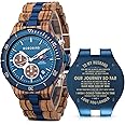 2win Mens Personalized Engraved Wooden Watches Fashion Multifunction Custom Watch Birthday Anniversary Wood Watches for Husband Boyfriend Dad Him Son with Gift Box