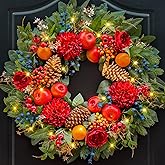 Christmas Wreaths for Front Door with Lights 24 Inch Christmas Wreath with Red Flowers, Apples, Oranges, Pine Cones, Berries and Greenery – Holiday Wreath Front Door Indoor Outdoor Winter Décor