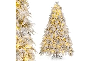 DORTALA Pre-Lit Snow Flocked Christmas Tree 7 FT, Hinged Artificial Xmas Tree with Stand, 743 Branch Tips, 320 Warm White LED