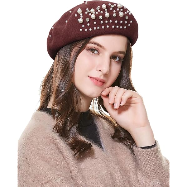 Women\'s French Wool Beret with Pearl & Rhinestone Embellishments Beanie Cap Amazon.com: Classic French Wool Beret with Pearl  main image 2