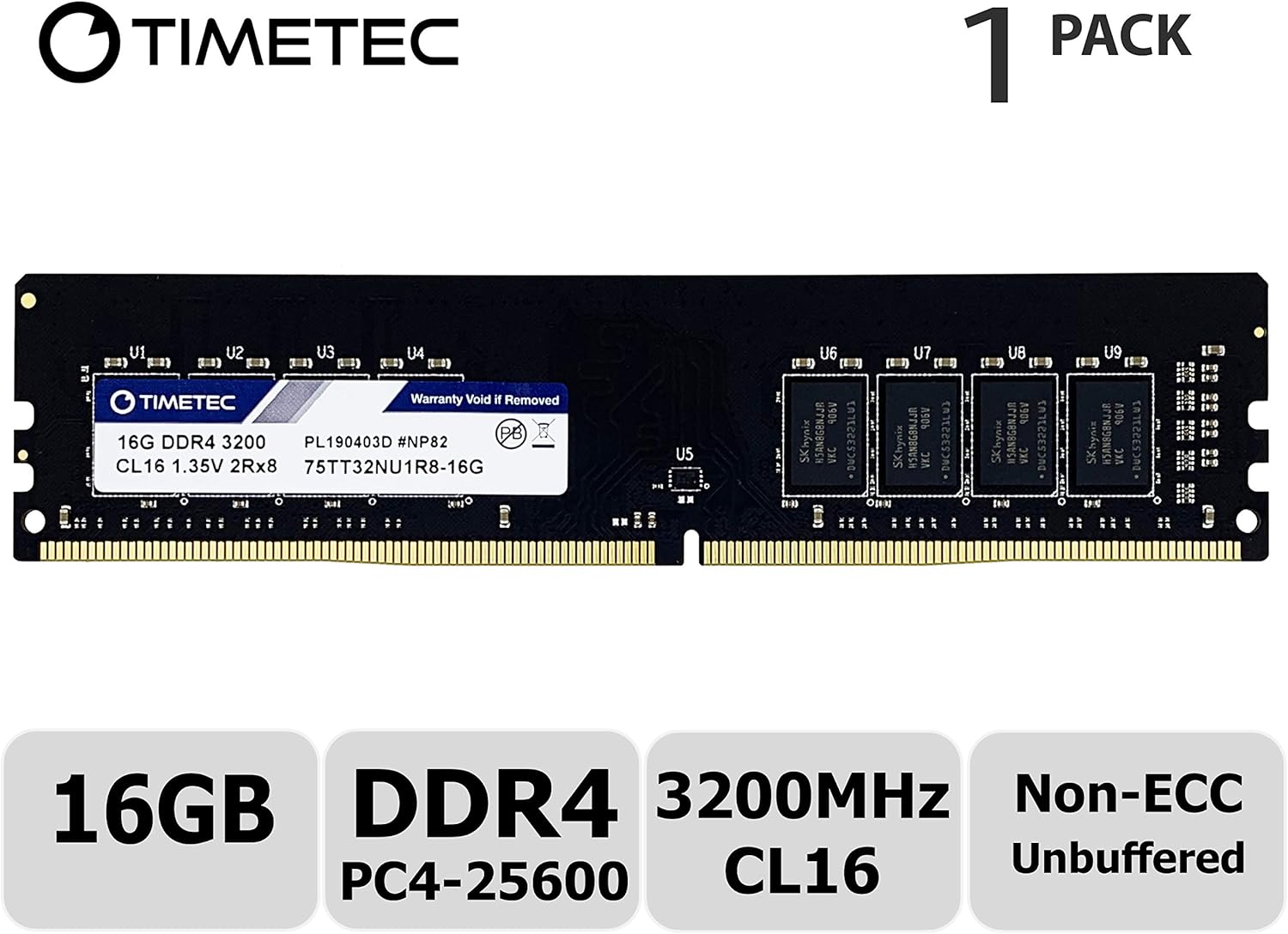 Timetec Extreme Performance Hynix IC 16GB DDR4 3200MHz PC4-25600 CL16 1.35V Unbuffered Non-ECC Dual Rank Designed for Gaming and High-Performance Compatible with AMD and Intel Desktop Memory (16GB)