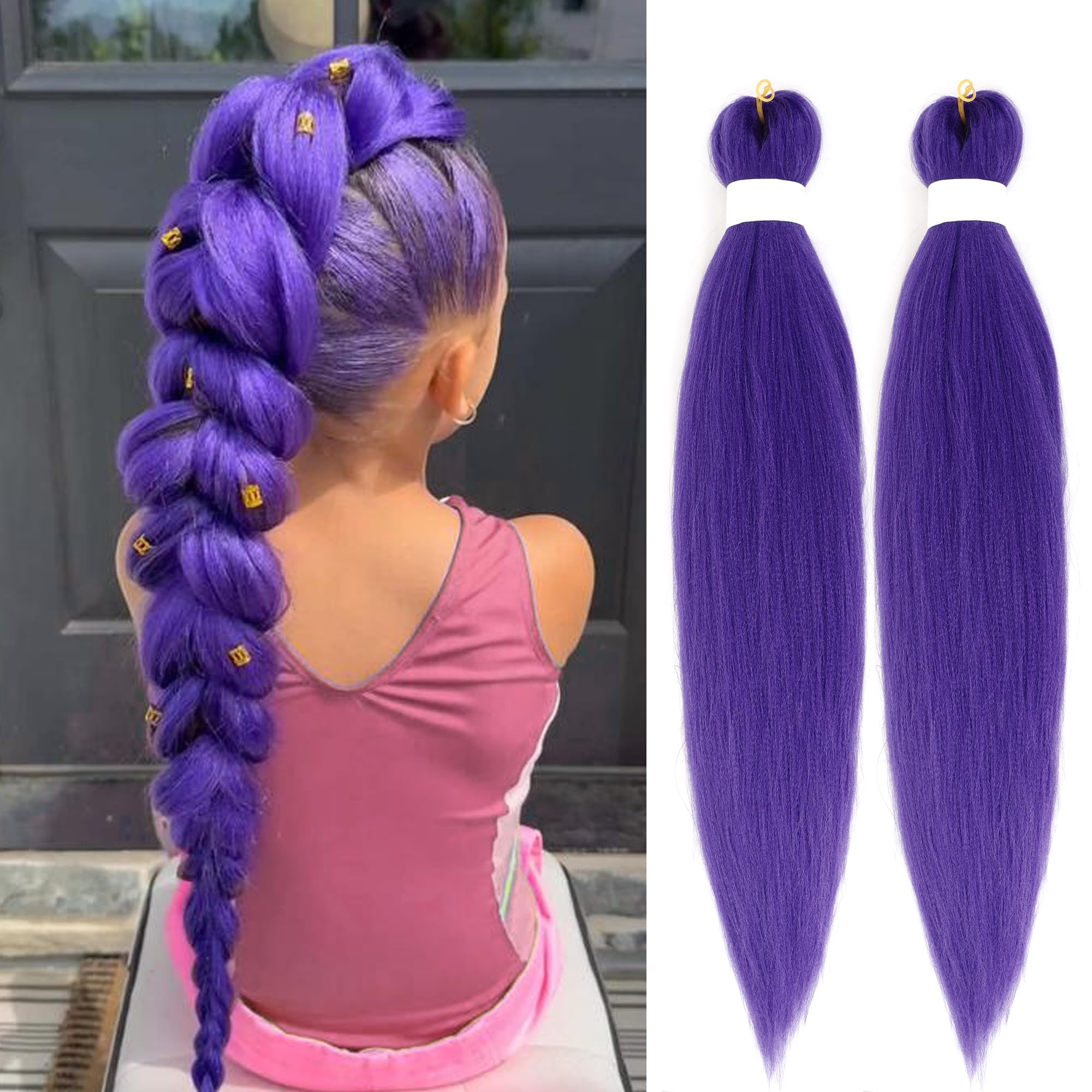Photo 1 of Purple Braiding Hair Extensions, Synthetic Pre-Stretched Purple Braiding Hair for Braids Cosplay Halloween Stage Performances 2 Packs 48 Inch