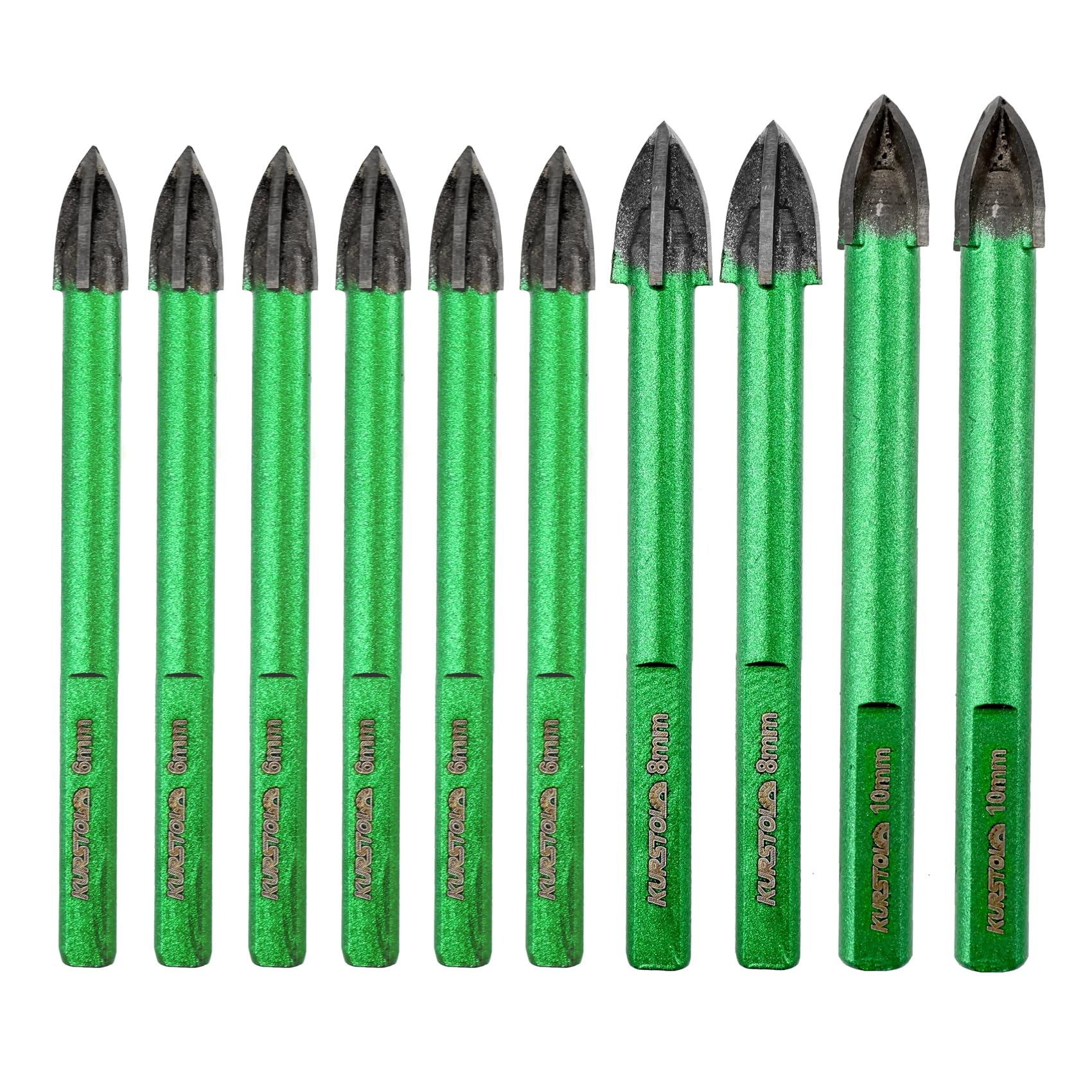 KURSTOL Masonry Drill Bits Set - 10pcs 6mm*6/8mm*2/10mm*2 Tungsten Carbide Tip Tile Drill Bit for Porcelain Tile Concrete Brick Glass Wood Ceramic, Triangle Shank
