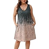 Women Plus Size V Neck Sleeveless Floral Print Pocket T Shirt Dresses Casual Midi Tank Dress Beach Cover up Sundress (XL-5X)