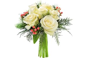 KaBloom PRIME NEXT DAY DELIVERY - Mother’s Day Collection - Holiday Collection: Noel White Roses Accented with Red Berries and Seasonal Greens without Vase. Gift for Easter,Mother’s Day Flowers