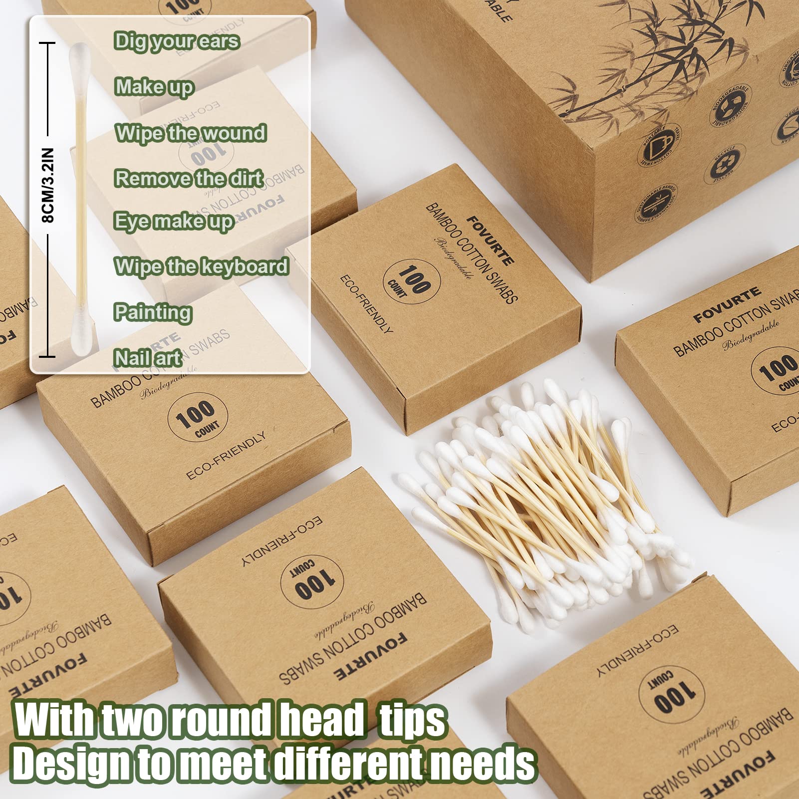 FOVURTE Bamboo Cotton Swabs 1000 Count - Natural Cotton Swab with Round Head Tips, Double Tipped Ear Sticks, Wooden Cotton Buds for Cleaning Travel Makeup