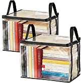 2PCS Clear Book Storage Bag, Waterproof Zippered Comic Books Organizer Collapsible Book Display Case with Lid and Reinforced Handle for Book DVD Blu Ray Disc Clothing 38x24x32cm/15x9x13inches