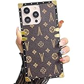 Dropcases Compatible with iPhone 15 Pro Max Case Luxury Designer for Women Girls,Rectangle Edge PU Leather + Soft TPU Anti Drop Camera Protective Cover for 15 Pro Max - 6.7 inch (Brown)